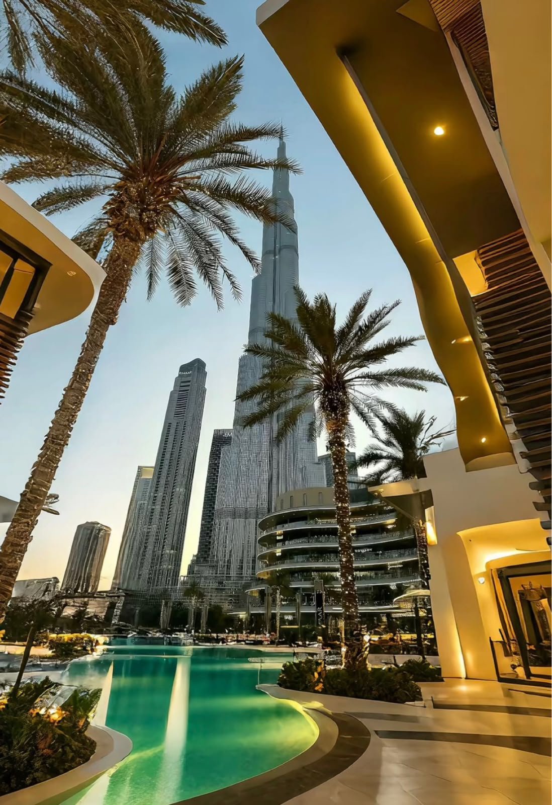 Burj Khalifa visto de uma piscina cercada de palmeiras em Dubai