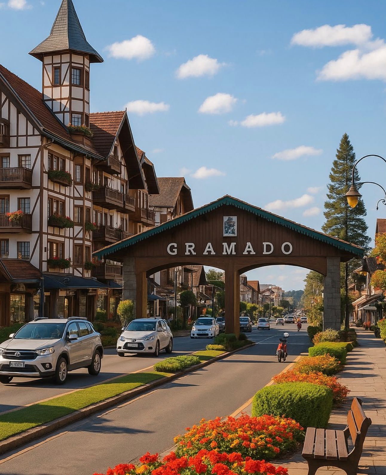 Pórtico de entrada de Gramado com arquitetura enxaimel e flores